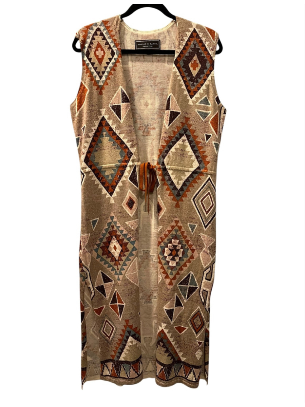 Double D Ranch Western Knit Duster Vest Aztec Geometric Long Beige Large Rodeo